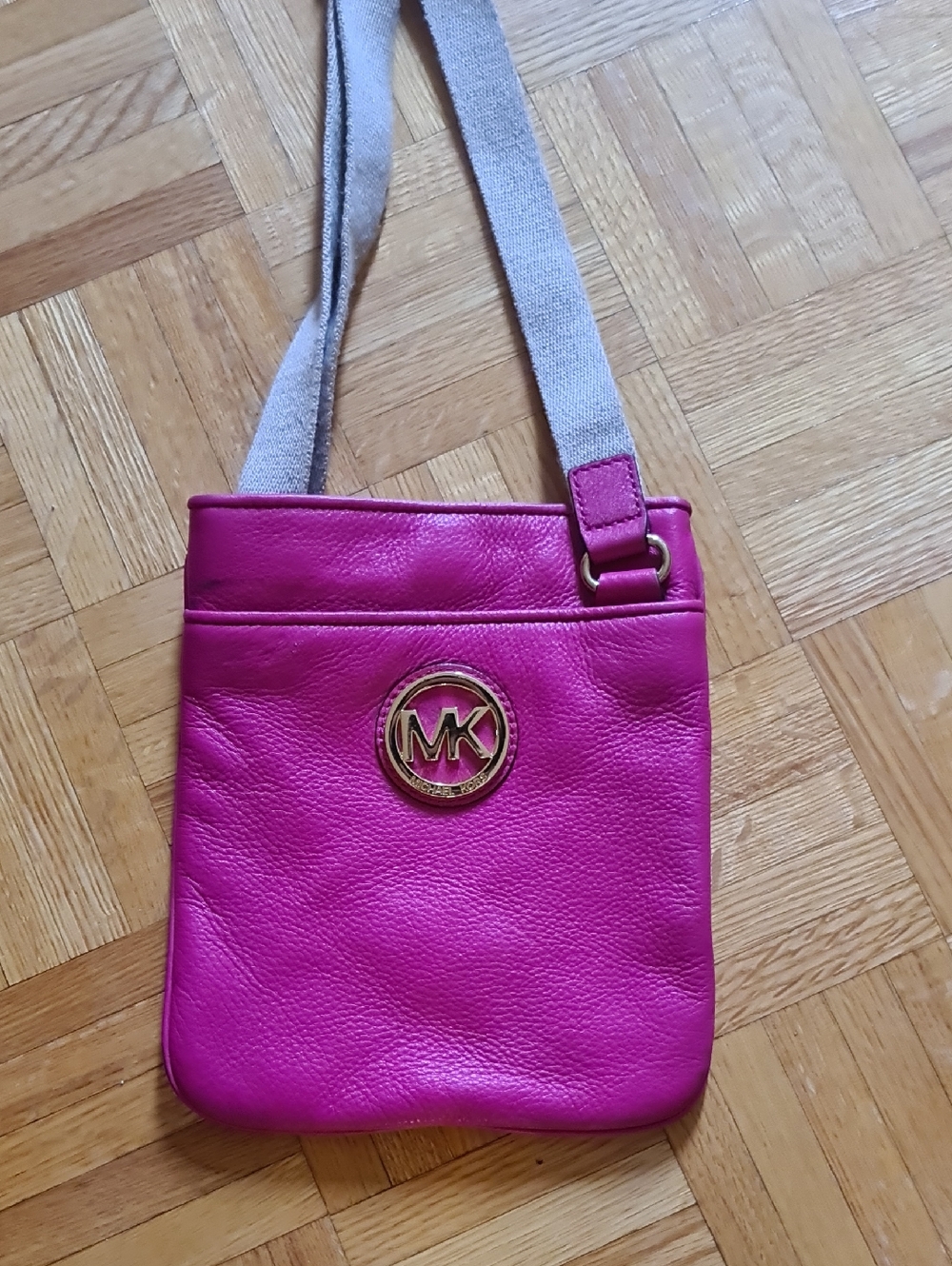 Michael Kors Fuchsia Leather Crossbody with Gold MK Emblem
